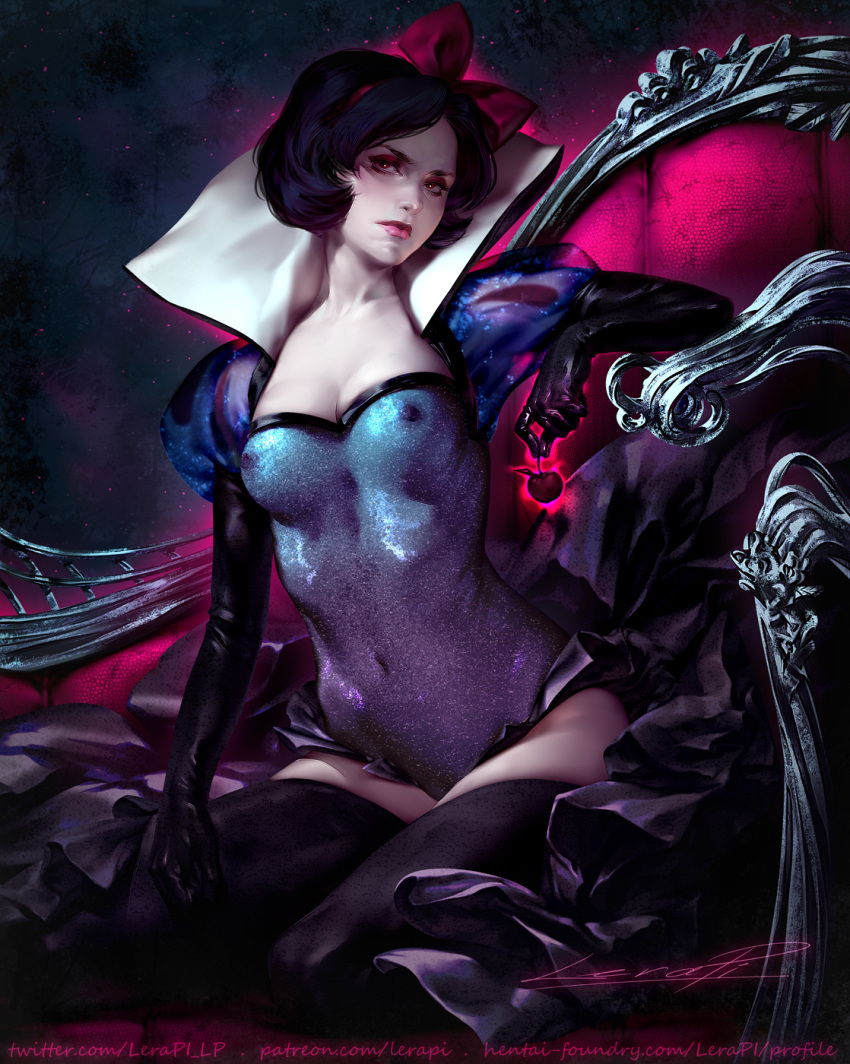 1girl black_hair breasts corset disney female female_only lera_pi looking_at_viewer partially_clothed princess_snow_white see-through short_hair sitting snow_white_and_the_seven_dwarfs solo stockings