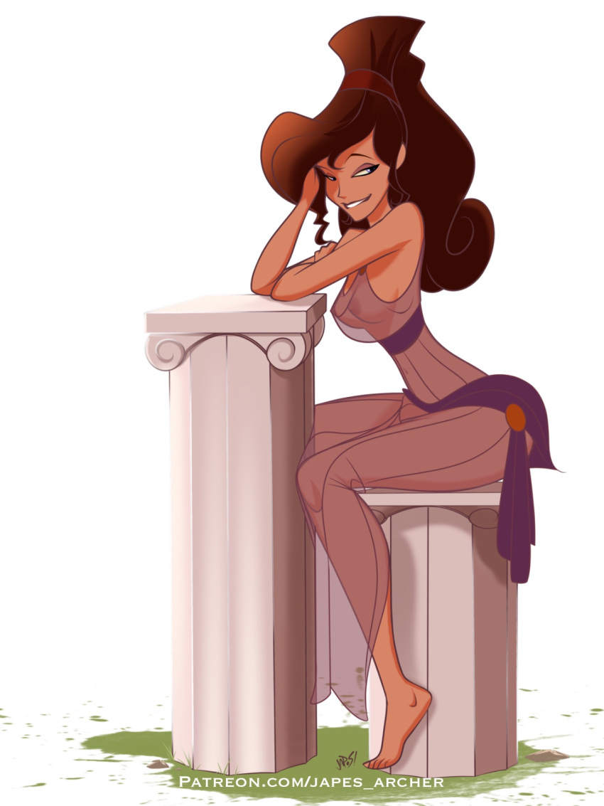 1girl breasts clothed disney dress female female_only hercules japes looking_at_viewer megara no_underwear see-through see-through_clothes see-through_dress sitting solo transparent_clothing