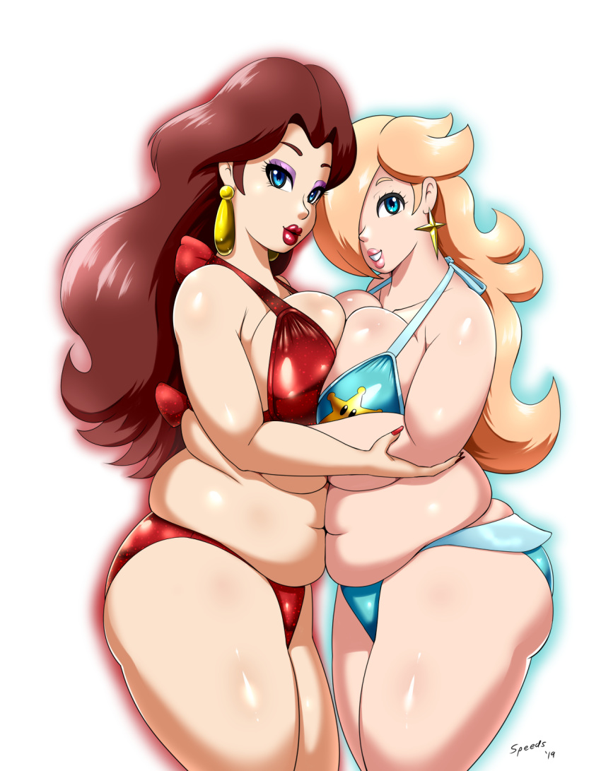 2019 2_girls bikini blue_bikini blue_swimsuit chubby female_only hair_over_one_eye nail_polish nintendo nipples painted_nails pauline princess_rosalina printed_swimsuit prints_bikini red_bikini red_nail_polish red_nails red_swimsuit signature speeds super_mario_galaxy super_mario_odyssey swimsuit thick yuri