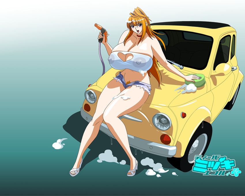 1girl blonde_hair car cleavage daisy_dukes diva_mizuki gravion high_heels jyubei large_breasts tachibana_mizuki wet_shirt