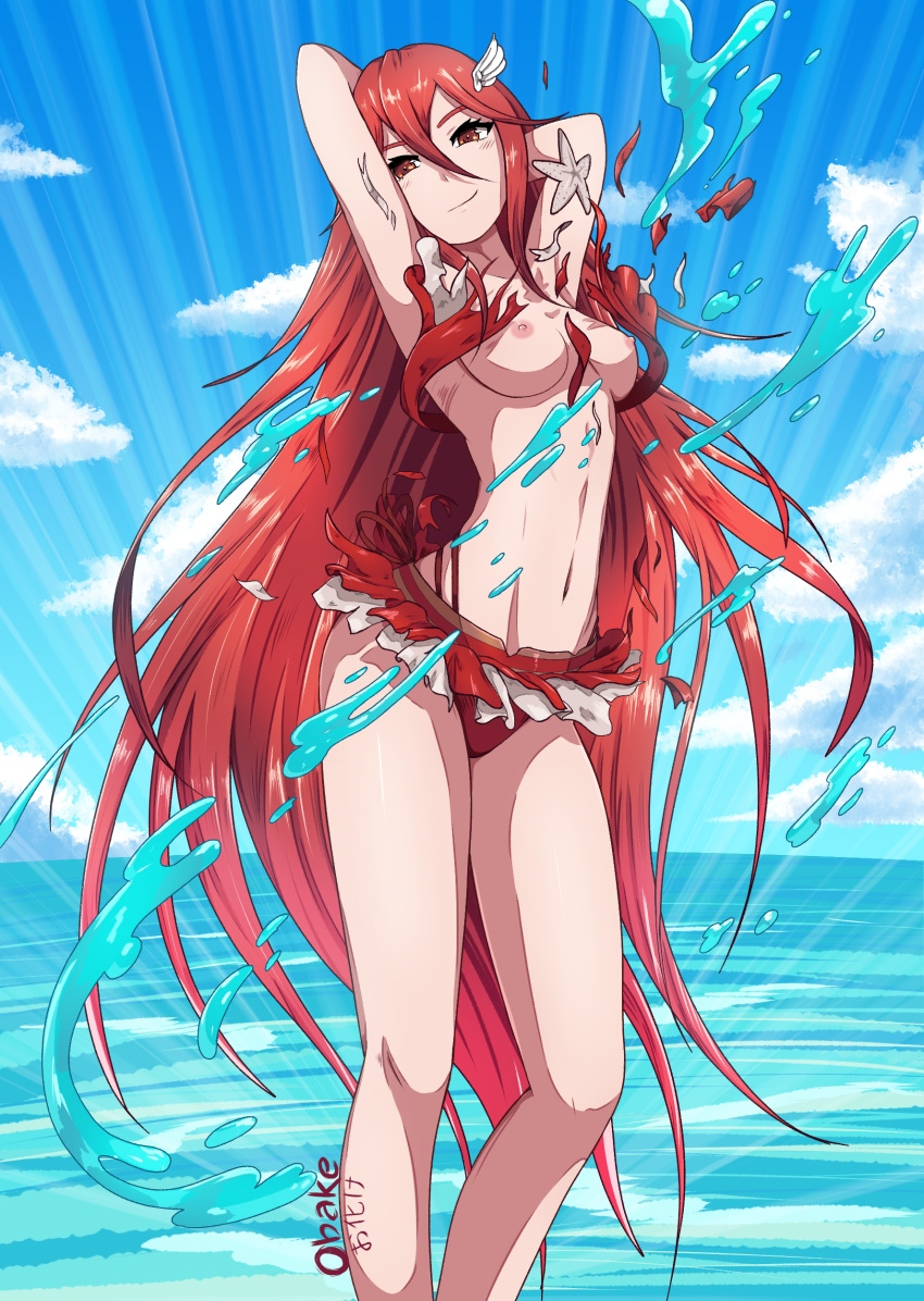 1girl armpits arms_behind_head arms_up artist_name beach bikini breasts cloud cloudy_sky cordelia_(fire_emblem) cowboy_shot day emphasis_lines exploding_clothes fire_emblem fire_emblem:_awakening fire_emblem:_kakusei fire_emblem_heroes frilled_bikini frills hair_between_eyes hair_ornament high_resolution long_hair looking_at_viewer medium_breasts midriff navel nintendo nipples obakeart ocean pose red_eyes red_hair signature sky small_breasts smile splashing standing swimsuit tiamo torn_clothes very_high_resolution very_long_hair winged_hair_ornament