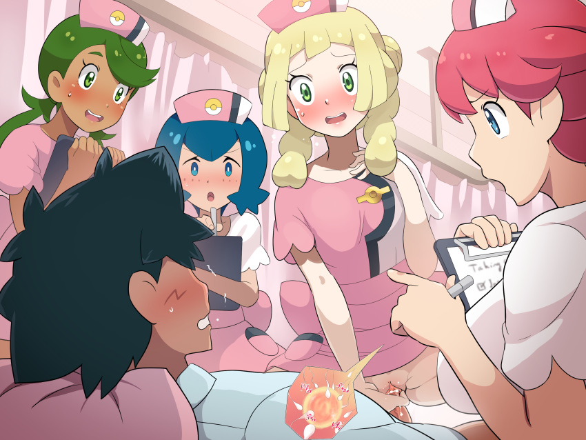 1boy 4girls ash_ketchum blonde_hair blue_eyes blue_hair blush clothed clothes_lift cum cum_in_pussy cum_inside female female_human green_eyes green_hair human/human impregnation joy_(pokemon) lana lana_(pokemon) lillie lillie_(pokemon) male male/female male_human mallow mallow_(pokemon) mao_(pokemon) no_panties nurse_cap nurse_joy nurse_uniform ovum penis_in_pussy pink_hair pokemon satoshi_(pokemon) sex sperm sperm_cell suiren_(pokemon) uniform vaginal vaginal_penetration vaginal_sex