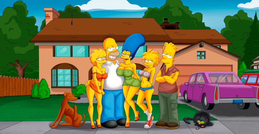 aged_up bart_simpson breasts dress homer_simpson lisa_simpson maggie_simpson marge_simpson miniskirt santa's_little_helper snowball_2 the_simpsons