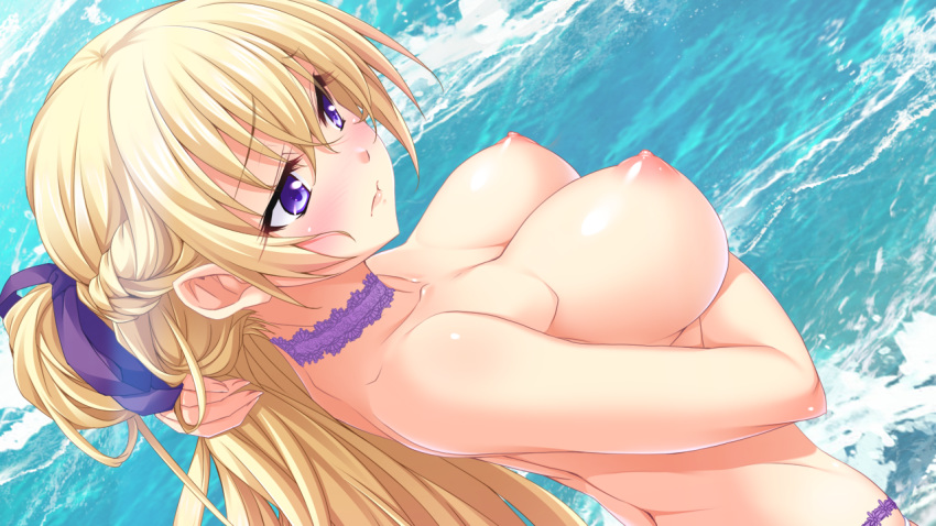 16:9_aspect_ratio 1girl 1girl 1girl arm_under_breasts big_breasts blonde blush braid breast_hold breasts choker closed_mouth dutch_angle embarrassed eyebrows_visible_through_hair game_cg hair_lift hair_ornament hair_ribbon kannatsuki_noboru looking_away nipples one_side_up outside purple_eyes ribbon shinkyoku_soukai_polyphonica side_braid tied_hair topless water yugiri_perserte