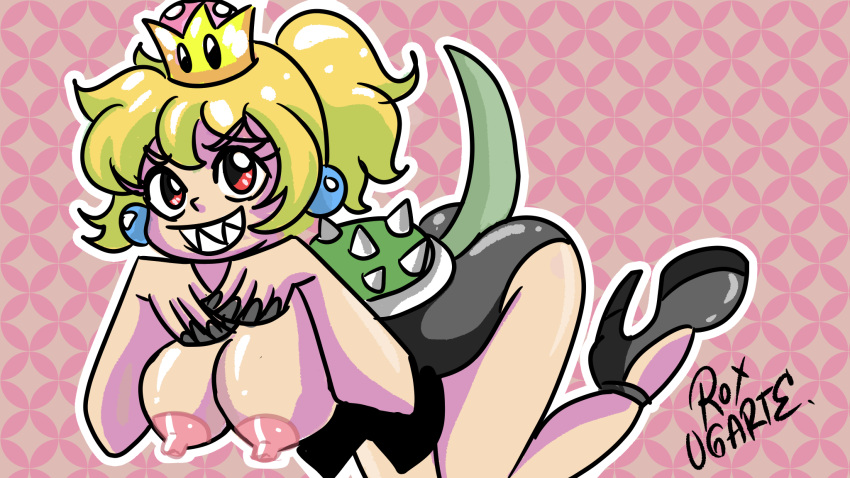 black_dress blonde_hair bowsette la_roxbox_(artist) medium_breasts shell smile