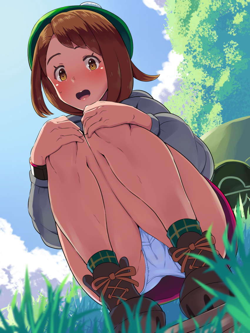 1girl ass blush boots boris_(noborhys) cameltoe censored clothed female female_human female_only gloria_(pokemon) grass hat human human_only looking_at_viewer open_mouth outdoor outside panties pokemon pokemon_ss pussy skirt squatting thick_thighs upskirt wet white_panties wide_hips yuri_(pokemon)