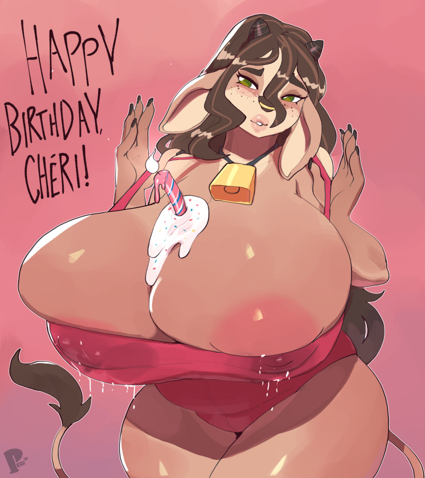 1girl 1girl 2020 5_fingers absurd_res anthro areola areola_slip big_breasts bodily_fluids bovid bovine breasts brown_hair candle caramel_(cherrikissu) cattle clothing cowbell english_text fingers freckles furry hair high_res horn huge_breasts lactating lactating_through_clothing long_hair looking_at_viewer mammal nipple_outline peculiart text thick_thighs wet wet_clothing