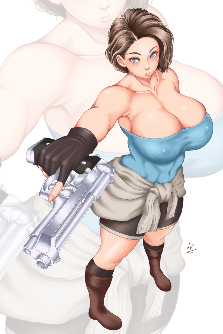 1girl 1girl 1girl big_breasts blue_eyes brown_hair capcom clothed_female female_focus female_only jill_valentine mature mature_female mr._zhongqiu_jie nipples resident_evil resident_evil_3 short_hair solo_female solo_focus tagme video_game_character video_game_franchise