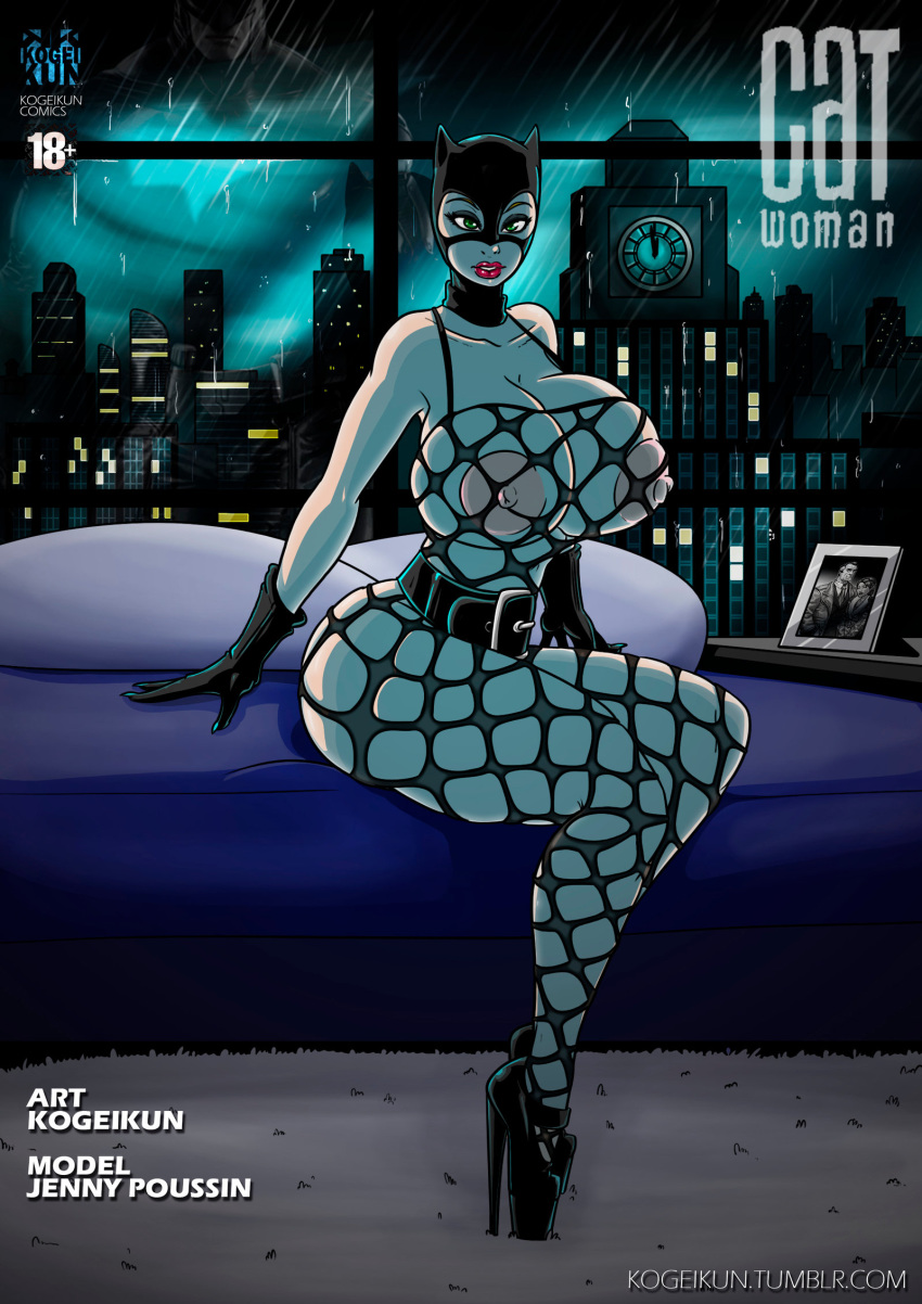 1girl batman_(series) belt big_breasts breasts catwoman city dc_comics fishnet fishnet_bodysuit fishnets green_eyes high_heels huge_breasts jenny_poussin kogeikun leather leather_gloves legs mask platform_shoes selina_kyle thick_thighs