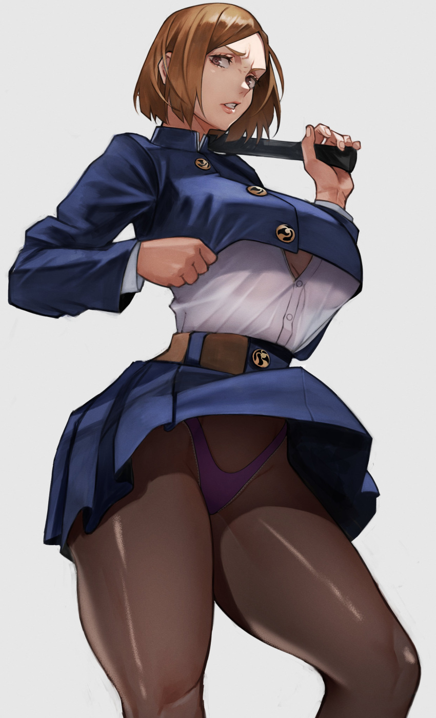 1girl big_breasts bob_cut clothed clothed_female female_focus female_only gantz high_res high_resolution jujutsu_kaisen kugisaki_nobara nipples pantyhose pororidaaaaaa short_hair skirt solo_female solo_focus tagme yoshi55level yoshio_(55level)