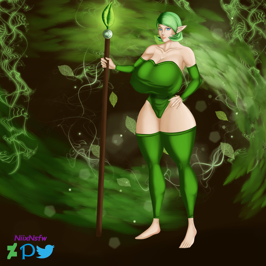 beige_skin big_breasts blue_eyes breasts commission erect_nipples female green_hair kokiri kokiri_spear niixnsfw nipples ocarina_of_time saria solo spear the_legend_of_zelda weapon