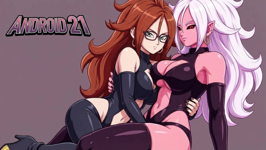 2_girls alternate_costume android android_21 arm_support bare_shoulders big_breasts black-framed_eyewear black_detached_sleeves black_legwear black_leotard black_nails black_sclera black_thighhighs breasts brown_hair brown_nails character_name cleavage cleavage_cutout closed_mouth clothing_cutout couple detached_sleeves dragon_ball dragon_ball_fighterz dual_persona duo earrings english_text female/female female_only glasses grey_eyes hair_between_eyes half-closed_eyes hoop_earrings hugging jewelry legwear leotard long_hair looking_at_viewer love majin_android_21 monster_girl mrfluffypotato multiple_girls mutual_yuri nail_polish naughty_face navel navel_cutout neck pink_skin pointy_ears red_eyes revealing_clothes romantic romantic_couple selfcest serious sitting sleeveless sleeveless_leotard sleeveless_turtleneck smile stockings text toei_animation turtleneck turtleneck_leotard under_boob very_long_hair white_hair yuri