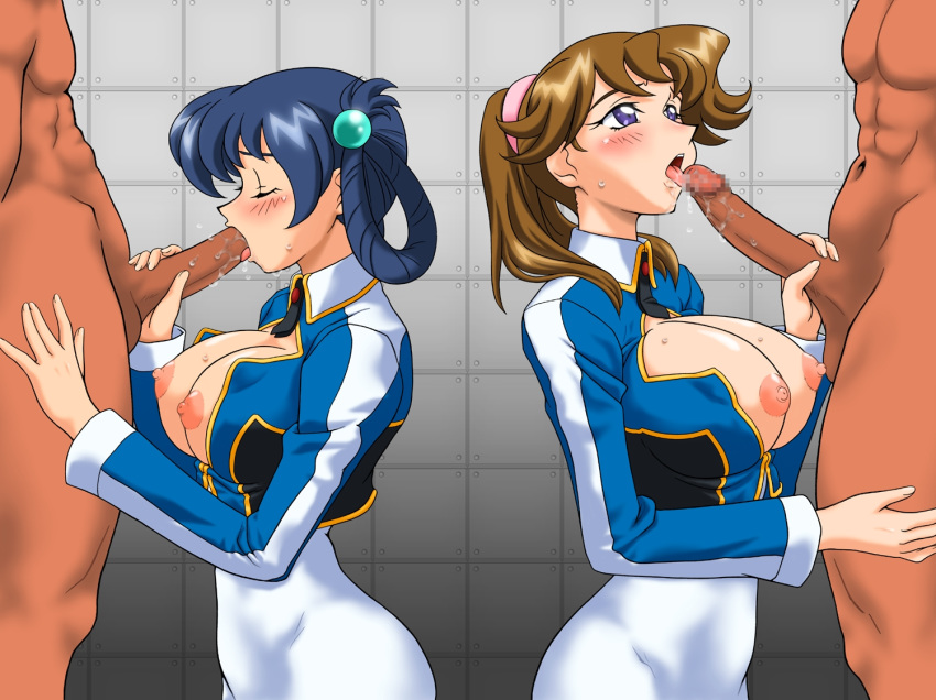 2boys 2girls ass big_breasts blue_hair blush breasts brown_hair censored closed_eyes dark-skinned_male fellatio godannar graf_zeppelin hair huge_breasts konami_sasagure large_breasts momoko_momozono momozono_momoko multiple_boys multiple_girls muscle nipples open_clothes open_shirt oral penis ponytail purple_eyes saliva sasagure_konami shinkon_gattai_godannar!! shirt short_hair sluts ta152_(graf_zeppelin) ta_152 testicles whores