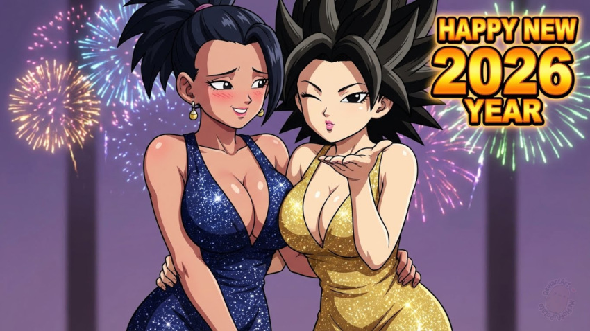 2026 2_girls alternate_costume bangs bare_arms bare_shoulders big_breasts black_eyes black_hair blowing_kiss blue_dress blush breasts caulifla cleavage collarbone couple dark-skinned_female dark_skin dragon_ball dragon_ball_super dress duo earrings english_text female/female female_only fireworks friends grin hair_up half-closed_eyes hand_up happy happy_new_year high_ponytail hugging interracial interracial_yuri jewelry kale lips lipstick long_dress long_hair looking_at_another looking_at_viewer love makeup mrfluffypotato multiple_girls mutual_yuri naughty_face neck new_year one_eye_closed parted_bangs parted_lips pink_lipstick ponytail purple_background romantic romantic_couple saiyan saiyan_girl short_hair side-by-side sleeveless sleeveless_dress smile spiked_hair spiky_hair standing text tied_hair toei_animation wink yellow_dress yuri