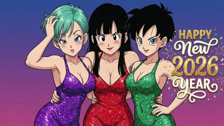 2026 3_girls alternate_costume aqua_eyes aqua_hair arm_up bare_arms bare_shoulders big_breasts black_eyes black_hair blue_background blue_eyes breasts brown_nails bulma_brief chichi cleavage closed_mouth collarbone covered_navel dragon_ball dragon_ball_z dress earrings english_text eyeshadow friends gradient gradient_background green_dress half-closed_eyes hand_on_hip happy happy_new_year head_tilt jewelry lips lipstick long_dress long_hair looking_at_viewer makeup medium_breasts mrfluffypotato multicolored_background multiple_girls nail_polish naughty_face neck new_year parted_lips pink_lipstick purple_background purple_dress purple_eyeshadow purple_nails red_dress red_lipstick short_hair sidelocks sleeveless sleeveless_dress smile standing straight_hair stud_earrings text toei_animation trio videl