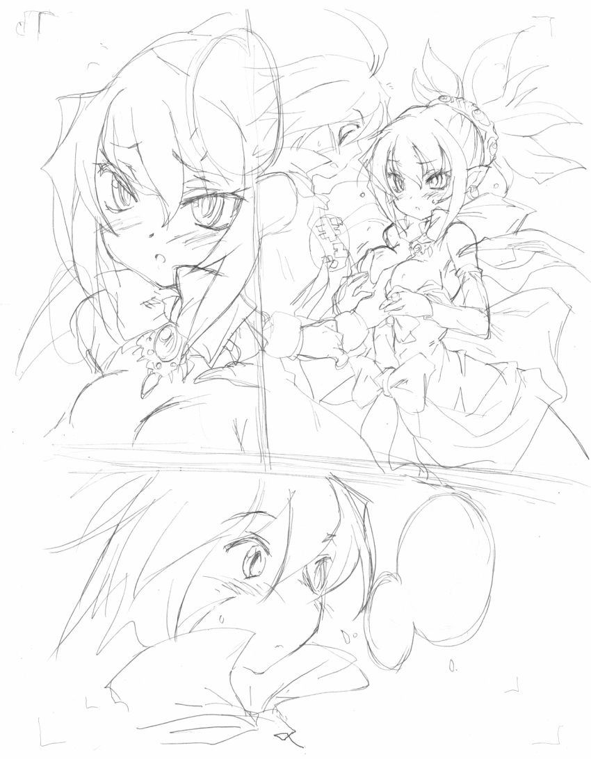 2girls adell adell_(disgaea) breast_grab breasts disgaea grabbing highres makai_senki_disgaea_2 matsukura_nemu monochrome multiple_girls nippon_ichi pointy_ears rozalin sketch