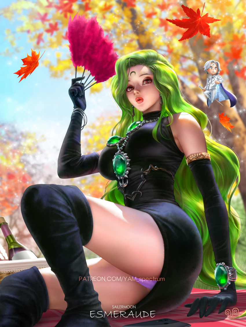 1_girl 1girl autumn autumn_leaves bishoujo_senshi_sailor_moon bottle clothed dress earrings esmeraude female green_hair jewelry long_hair looking_at_viewer outdoor outside panties pantyshot sailor_moon short_dress upskirt