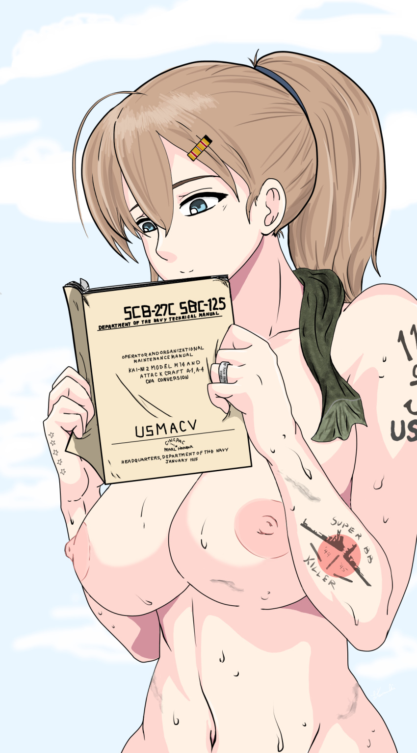 1girl 1girl 1girl ahoge big_breasts blue_eyes breasts brown_hair clavicle cloud cloudy_sky day english english_text hair_ornament hairclip high_resolution intrepid_(kantai_collection) jewelry kantai_collection kilroylw navel nipples nude reading ring sky smile star tattoo text towel towel_around_neck upper_body wedding_band wet