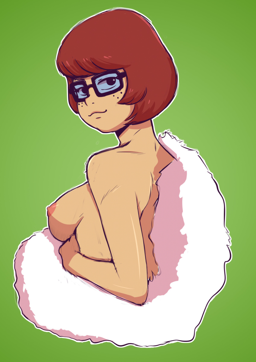 1girl breasts brown_hair female female_human female_only glasses human looking_at_viewer nipples no_bra scooby-doo short_hair sideboob solo topless velma_dinkley