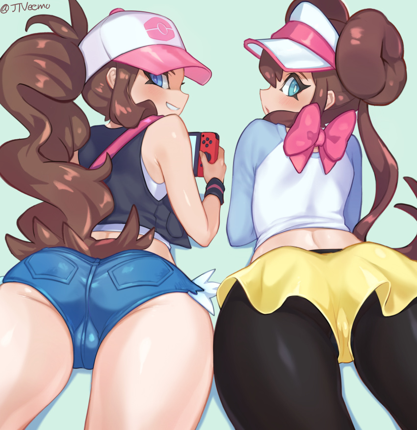 2_girls 2girls ass big_ass blush brown_hair clothed female female_human game_freak hat hilda_(pokemon) human human_only jtveemo long_hair looking_at_viewer looking_down minishorts nintendo pantyhose pokemon ribbon rosa_(pokemon) short_hair shorts shower skirt yellow_skirt