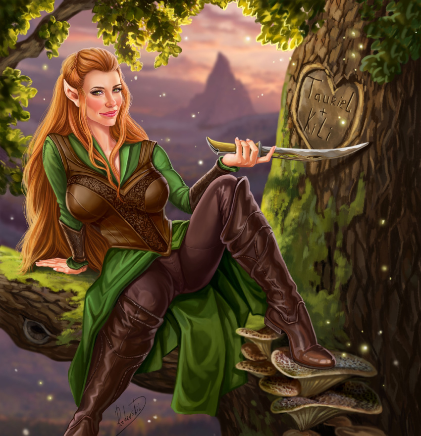 1girl clothed clothes clothing elf evangeline_lilly female female_elf female_only forest green_background holding_weapon knife long_hair looking_at_viewer lord_of_the_rings nature pants pointy_ears rzhevskii solo sword tauriel the_hobbit tree trees weapon