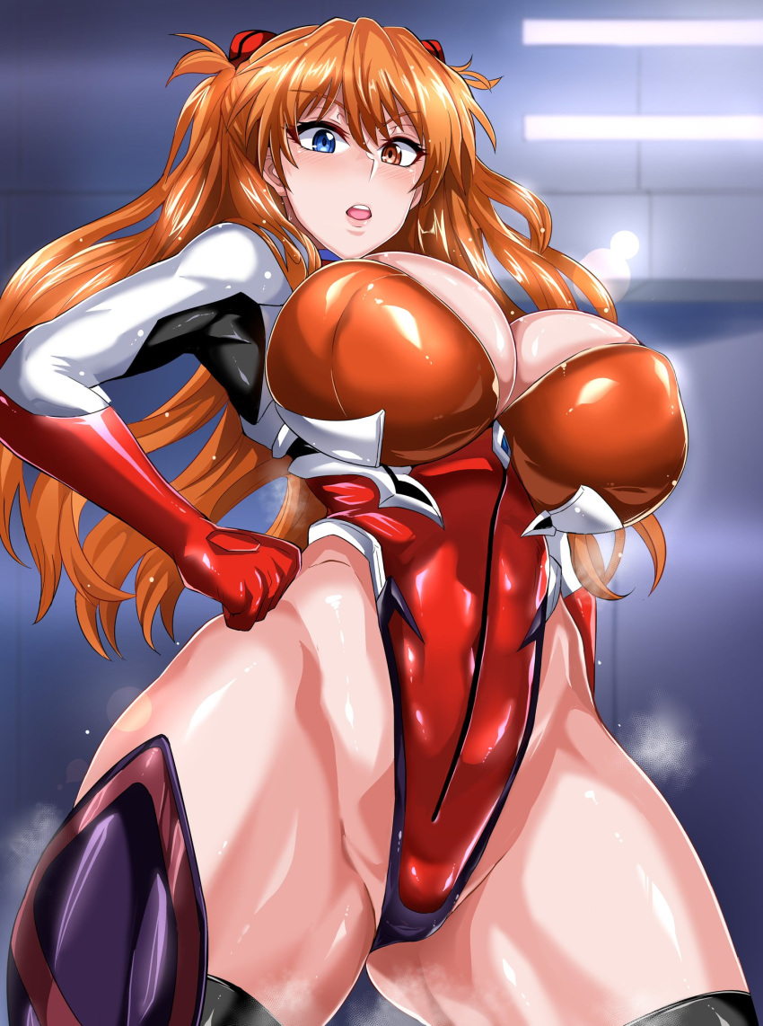 1girl 1girl asuka_langley_souryuu big_breasts breasts huge_breasts jet_(artist) leotard long_hair looking_at_viewer looking_down neon_genesis_evangelion orange_hair revealing_clothes