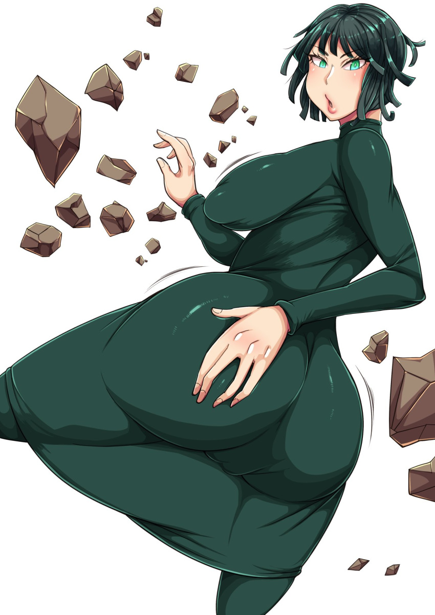 1girl ass big_ass big_breasts black_hair breasts chickenandtiger fubuki_(one-punch_man) green_eyes looking_at_viewer one-punch_man rocks short_hair