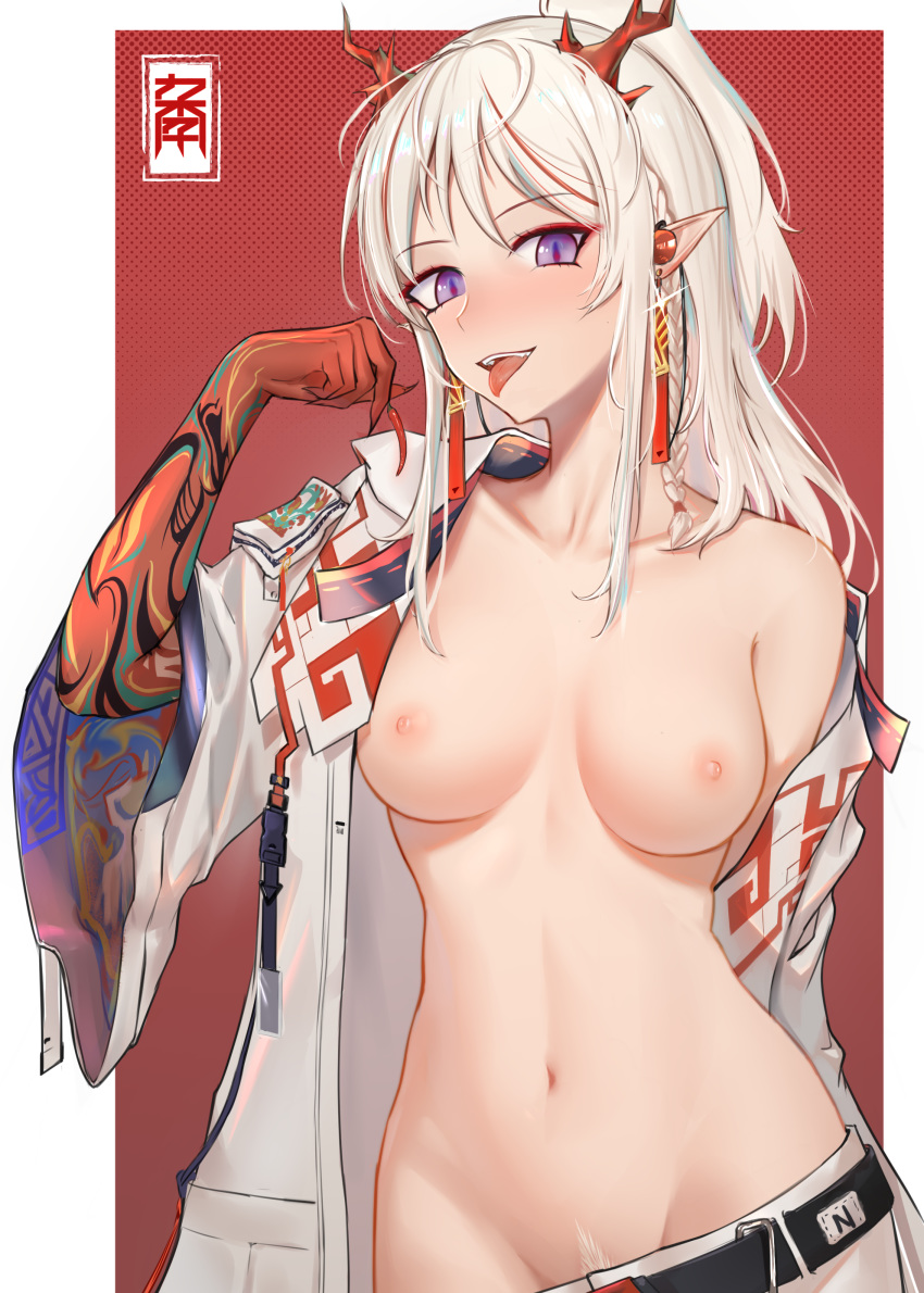 1girl anming arknights bangs belt blush braid breasts chili_pepper cowboy_shot earrings eyebrows_visible_through_hair food groin high_resolution holding holding_food holding_object horns jewelry long_hair looking_at_viewer medium_breasts multicolored_hair navel nian_(arknights) nipples open_clothes pointed_ears pubic_hair purple_eyes red_hair shorts shorts_pull sidelocks silver_hair smile stomach streaked_hair tied_hair tongue tongue_out very_high_resolution