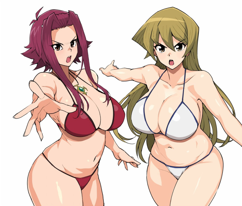 2girls akiza_izinski alexis_rhodes big_breasts bikini blonde_hair brown_heyes cleavage konami magenta_hair milf sexy_body sexy_legs taller_girl yu-gi-oh! yu-gi-oh!_5d's yu-gi-oh!_gx