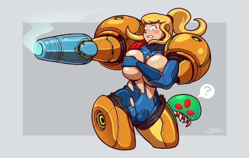 big_breasts blush breasts huge_breasts metroid metroid_(creature) nintendo ripped_clothes samus_aran sexy