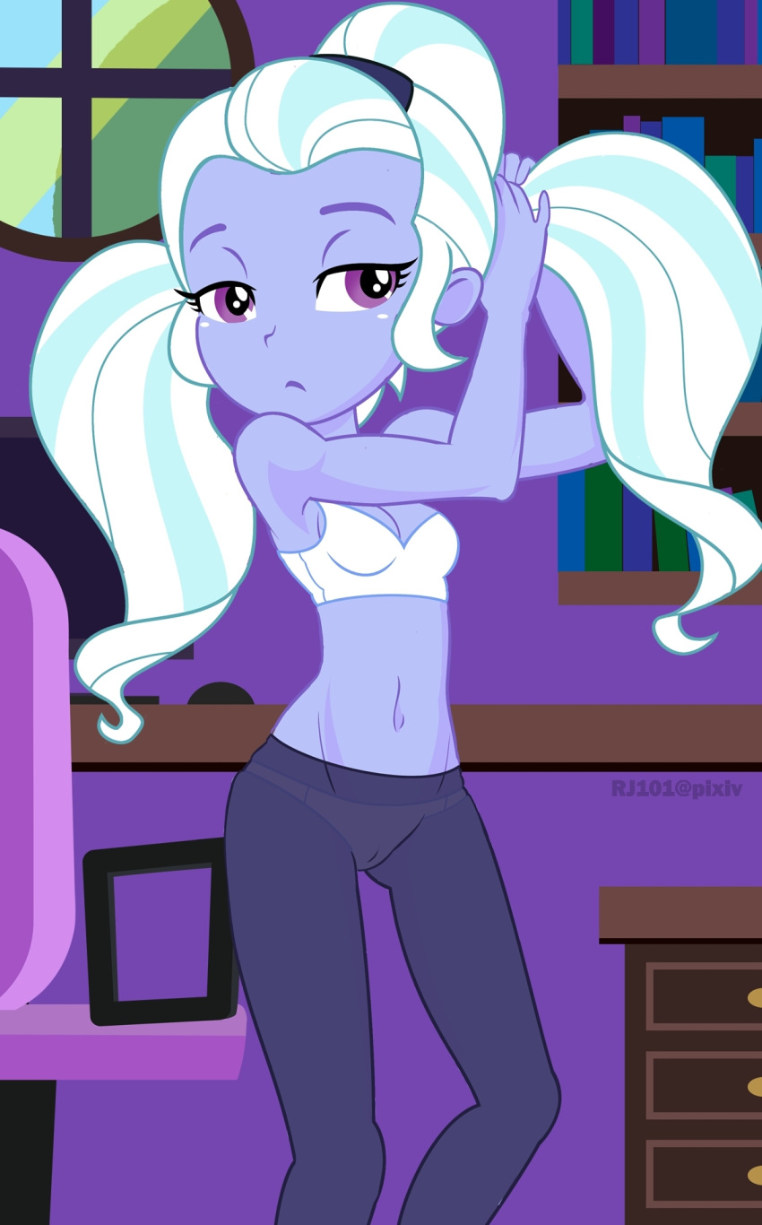 1girl bra breasts equestria_girls female female_only friendship_is_magic indoors long_hair looking_at_viewer my_little_pony panties panties_under_pantyhose pantyhose partially_clothed see-through_pantyhose solo standing sugarcoat white_bra white_panties white_underwear