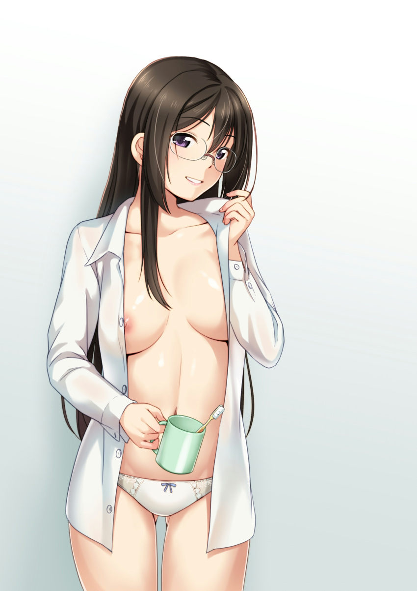 1girl 1girl 1girl :d archway_of_venus areola big_breasts black_hair blush breasts breasts_apart clavicle collared_shirt cowboy_shot cup dress_shirt eyebrows_visible_through_hair gluteal_fold gradient gradient_background grey_background grin hair_between_eyes head_tilt high_resolution holding holding_cup jakelian long_hair long_sleeves looking_at_viewer medium_breasts megane navel nipple_slip nipples no_bra open_clothes open_mouth open_shirt original panties parted_lips purple_eyes revision shirt smile standing thighs toothbrush unbuttoned unbuttoned_shirt underwear undressing white_panties white_underwear wing_collar