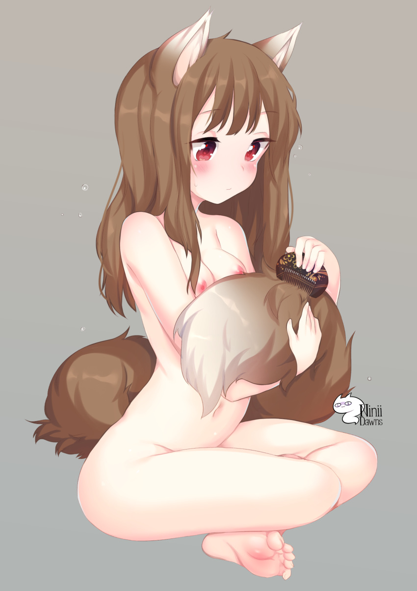 1girl animal_ears areola artist_name bangs barefoot blush breasts brown_hair brush comb completely_nude crossed_legs crossed_legs_(sitting) expressionless eyebrows_visible_through_hair feet female_only female_solo grey_background high_resolution holding_tail holo long_hair medium_breasts niniidawns nipples nude red_eyes simple_background sitting small_breasts soles spice_and_wolf tail toes very_high_resolution wariza watermark wolf_ears wolf_girl wolf_tail