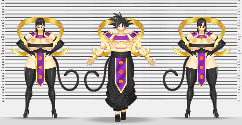 ass beige_skin big_ass big_breasts black_eyes black_hair black_tail bluebullpen breasts bulma* bulma_brief cleavage commission dragon_ball dragon_ball_gt dragon_ball_super dragon_ball_z female male monkey_tail pan_(dragon_ball_gt) saiyan saiyan_tail son_goku tail wedding_ring