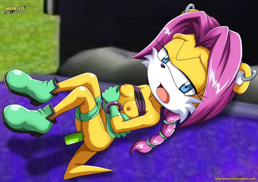 1girl anthro archie_comics bbmbbf bed blue_eyes boots breasts dildo erect_nipples furry half-closed_eyes looking_at_viewer lying_on_bed melody_prower mobius_unleashed nipples palcomix purple_hair sega small_breasts solo_female sonic_(series) sonic_the_hedgehog_(series) yellow_fur