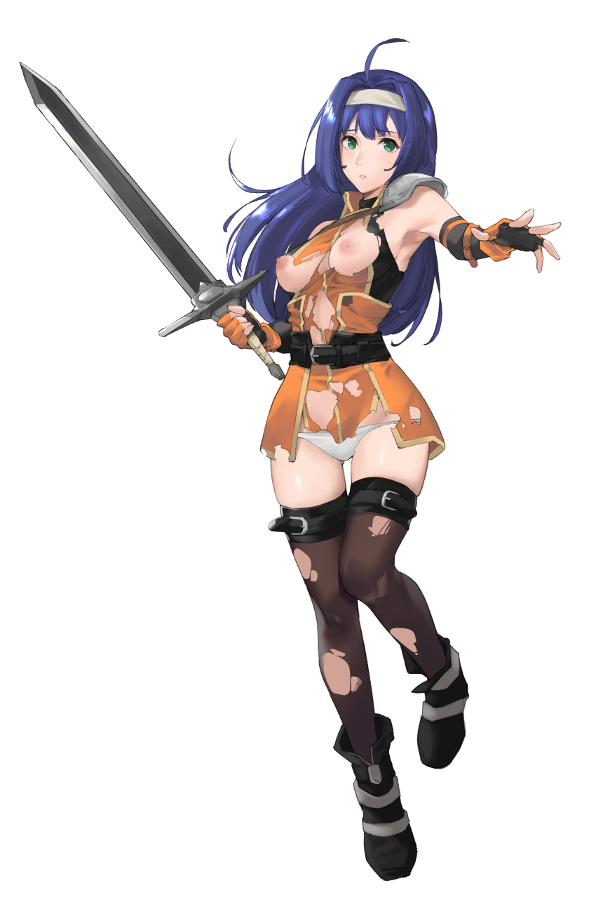 blue_hair breasts fire_emblem fire_emblem:_akatsuki_no_megami fire_emblem:_souen_no_kiseki green_eyes high_resolution holding_sword holding_weapon j40ck nipples sword torn_clothes very_high_resolution wayu_(fire_emblem) weapon