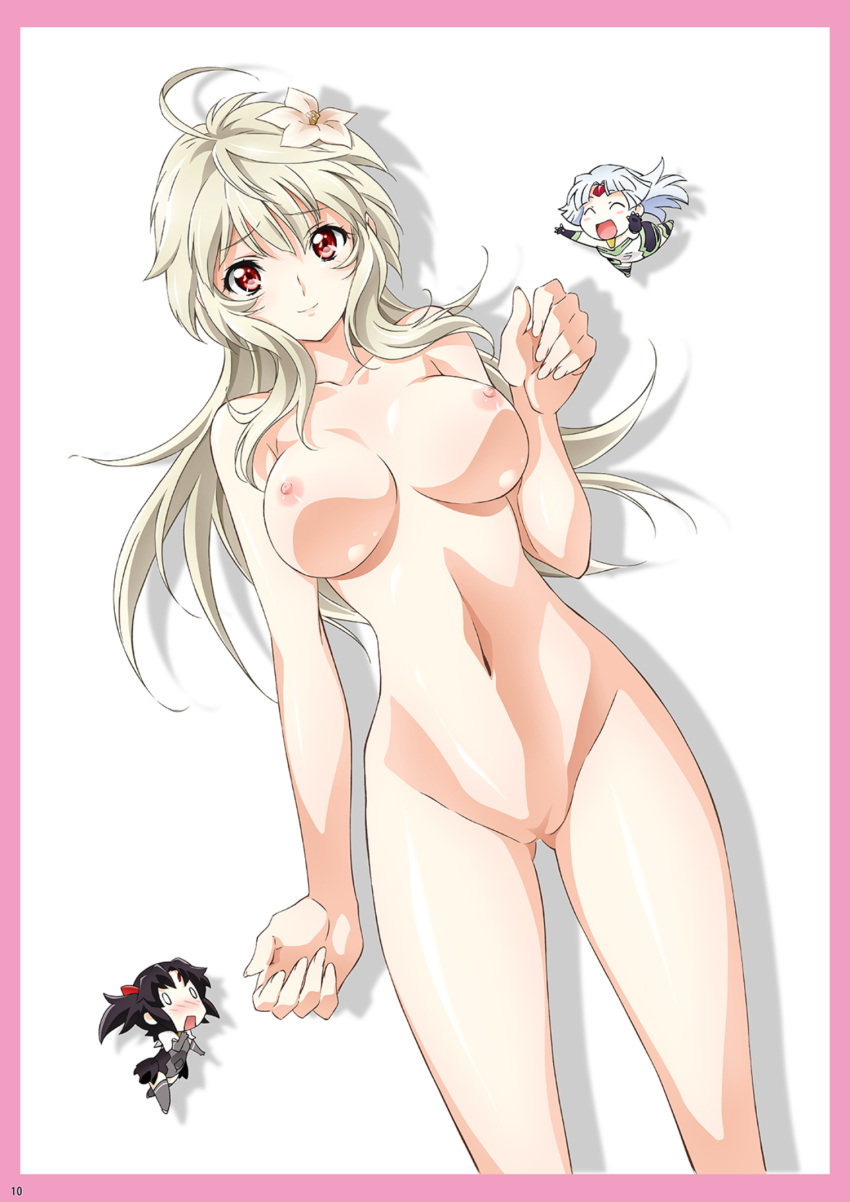 1girl 3_girls big_breasts black_hair breasts chibi high_resolution jinki jinrouki_winvurga lacress long_hair looking_at_viewer mashiro_(jinrouki_winvurga) multiple_girls navel nipples nude orichalcum_reycal orichalcum_reycal_duo pussy red_eyes reycal silver_hair smile tsunashima_shirou