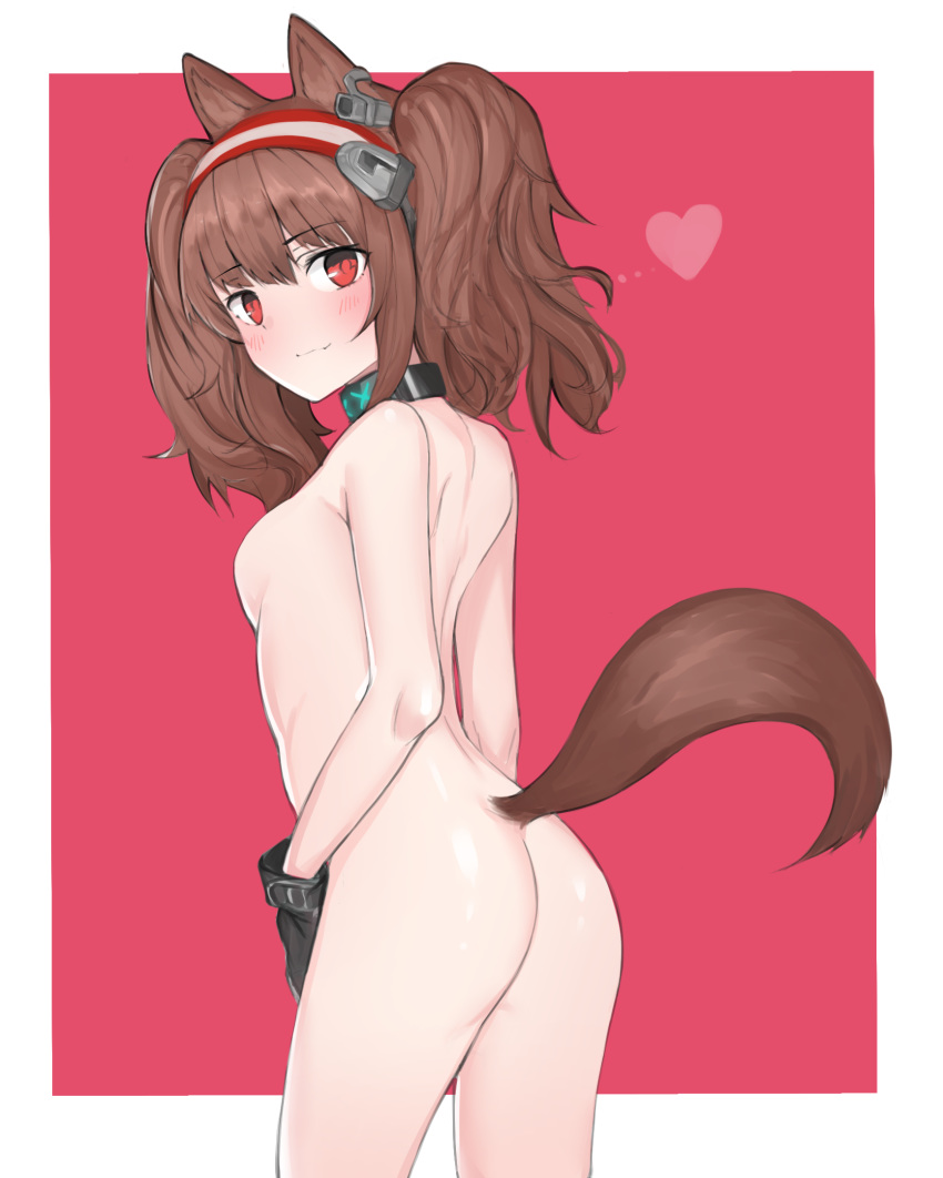 1girl 1girl 1girl angelina_(arknights) animal_ears arknights ass bangs black_choker black_gloves blush border breasts brown_hair choker cowboy_shot eyebrows_visible_through_hair fenrir_(fenriluuu) fox_tail from_behind gloves hairband headpiece heart high_resolution kitsunemimi long_hair looking_at_viewer looking_back nude outside_border partial_ red_background red_eyes red_hairband revision sidelocks simple_background small_breasts smile standing tail thighs tied_hair twin_tails white_border