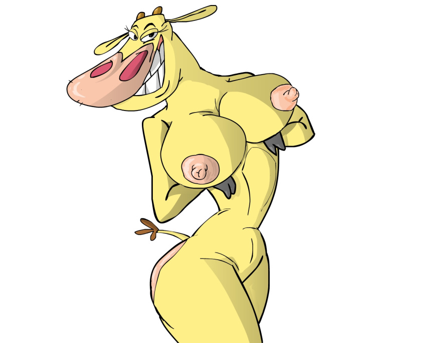 animal_ears animal_tail anthro ass big_breasts blonde_hair bovine breasts cartoon_network cow_(cow_and_chicken) cow_and_chicken eevo furry hair hooves horns huge_breasts looking_at_viewer nipples nude pose presenting presenting_hindquarters sideboob tail