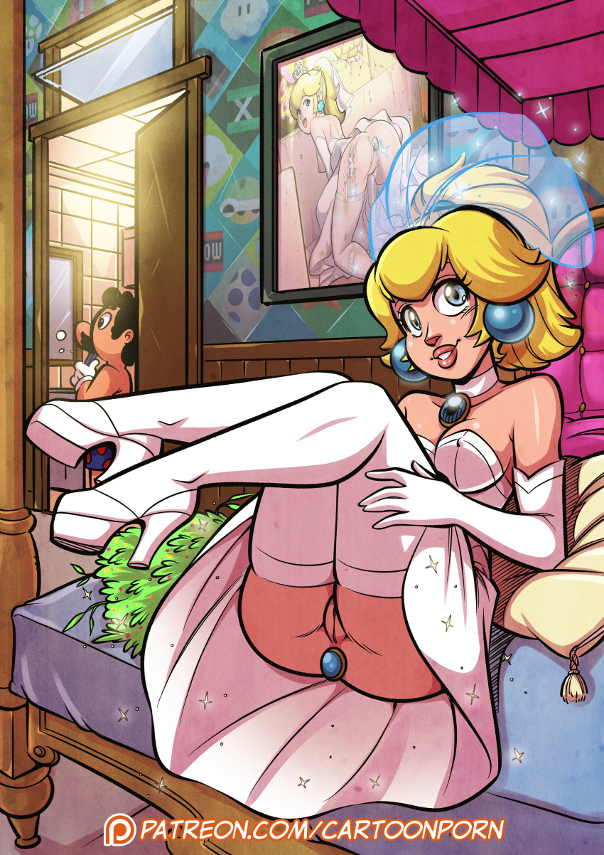 1boy 1girl anal anal_plug blonde blonde_hair blue_eyes bridal_veil bride choker dress earrings female female_human gloves high_heels human indoors long_gloves looking_at_viewer male male_human mario mostly_clothed no_panties no_panties_under_dress princess_peach pussy stockings super_mario_bros. upskirt wedding_dress white_dress white_high_heels white_stockings