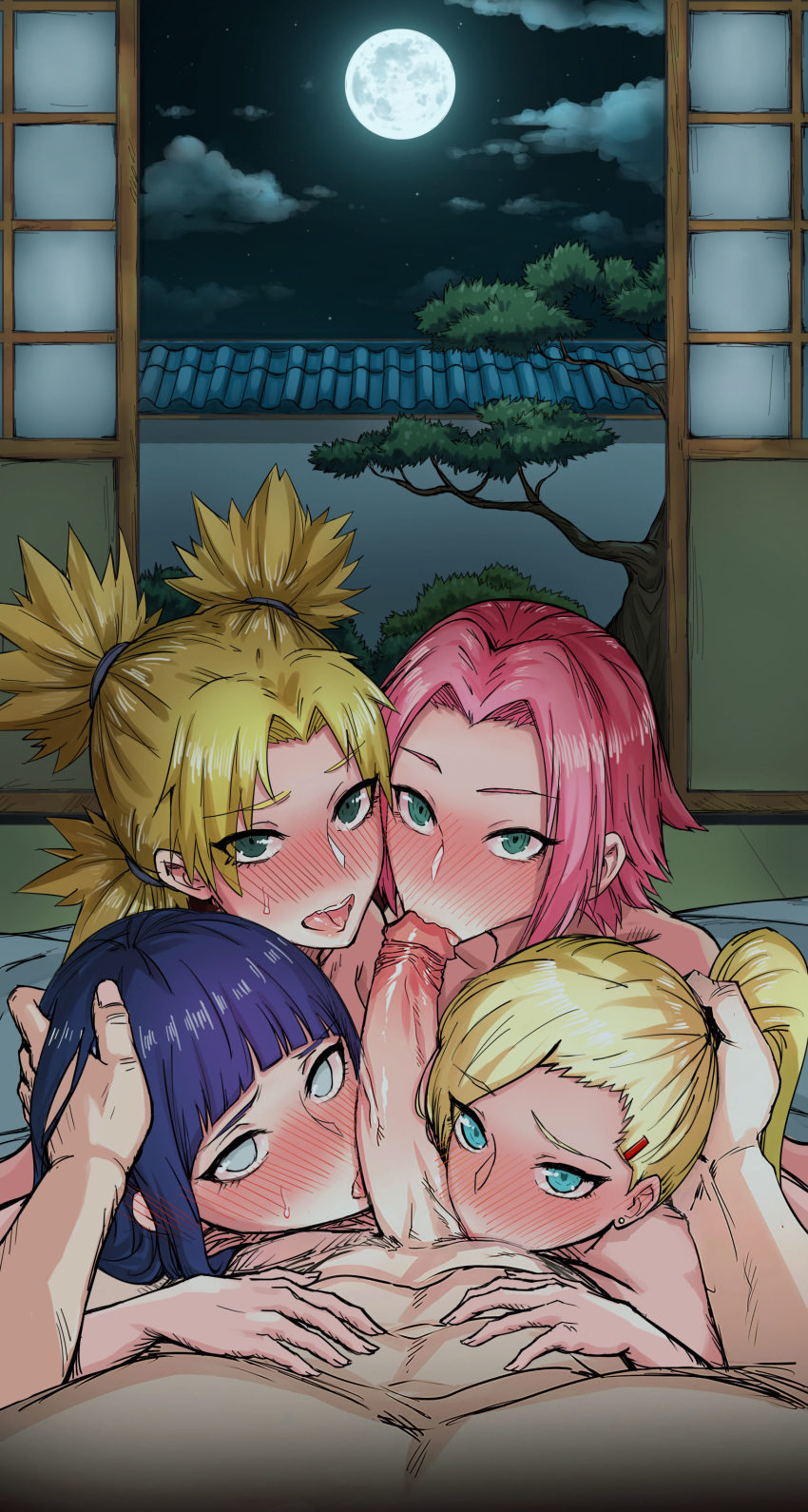 1boy 4girls blonde_hair blue_eyes blue_hair blush bowsey fellatio full_moon green_eyes group_sex high_resolution highres hinata_hyuuga ino_yamanaka looking_at_viewer male_pov naruto naruto_shippuden oral_sex pink_hair ponytail pov ratatatat74 sakura_haruno sasuke_uchiha teamwork temari third-party_edit twin_tails uncensored