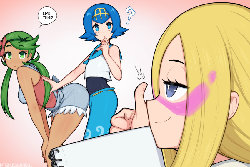 3_girls 3girls ? afrobull aged_up big_ass big_breasts blonde_hair blue_eyes blue_hair clothed dark-skinned_female drawing female female_human female_only flower flower_in_hair green_eyes green_hair human lana lana_(pokemon) long_hair mallow mallow_(pokemon) mao_(pokemon) matsurika_(pokemon) mina mina_(pokemon) nintendo no_sclera pale-skinned_female patreon pokemon pokemon_sm pose sexually_suggestive short_hair small_breasts smile speech_bubble suiren_(pokemon) surprised text thick_ass thick_thighs thighs tight_clothing twin_tails url