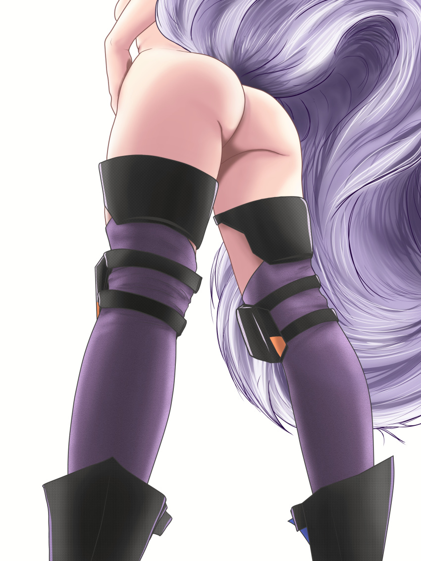 1girl 1girl 1girl arknights ass boots breasts hand_on_hip high_resolution kilroylw knee_pads long_hair lower_body nude provence_(arknights) purple_legwear sideboob simple_background standing stockings tail very_high_resolution viewed_from_below white_background wolf_tail