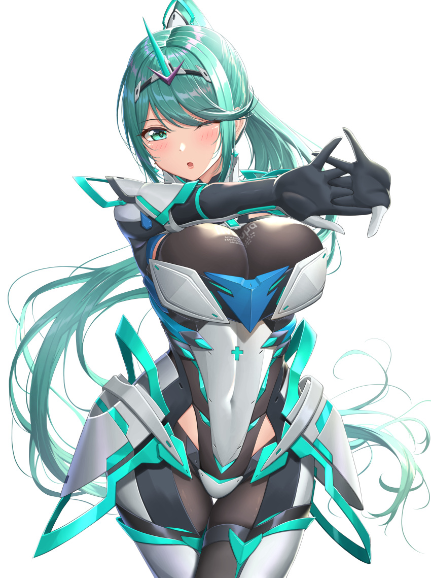 1girl 1girl absurd_res alluring aqua_eyes aqua_hair big_breasts big_breasts black_gloves black_legwear black_pantyhose boots child_bearing_hips core_crystal curvy earrings elbow_gloves female_only gloves green_eyes green_hair high_res hips hourglass_figure legwear long_hair looking_at_viewer monolith_soft navel nintendo one_eye_closed pantyhose pneuma_(xenoblade) ponytail slim_waist sssemiii stockings stretching teal_eyes teal_hair thick_thighs thigh_high_boots thighs upper_body very_long_hair voluptuous white_boots white_thigh_highs wide_hips wink winking_at_viewer xenoblade_(series) xenoblade_chronicles_2