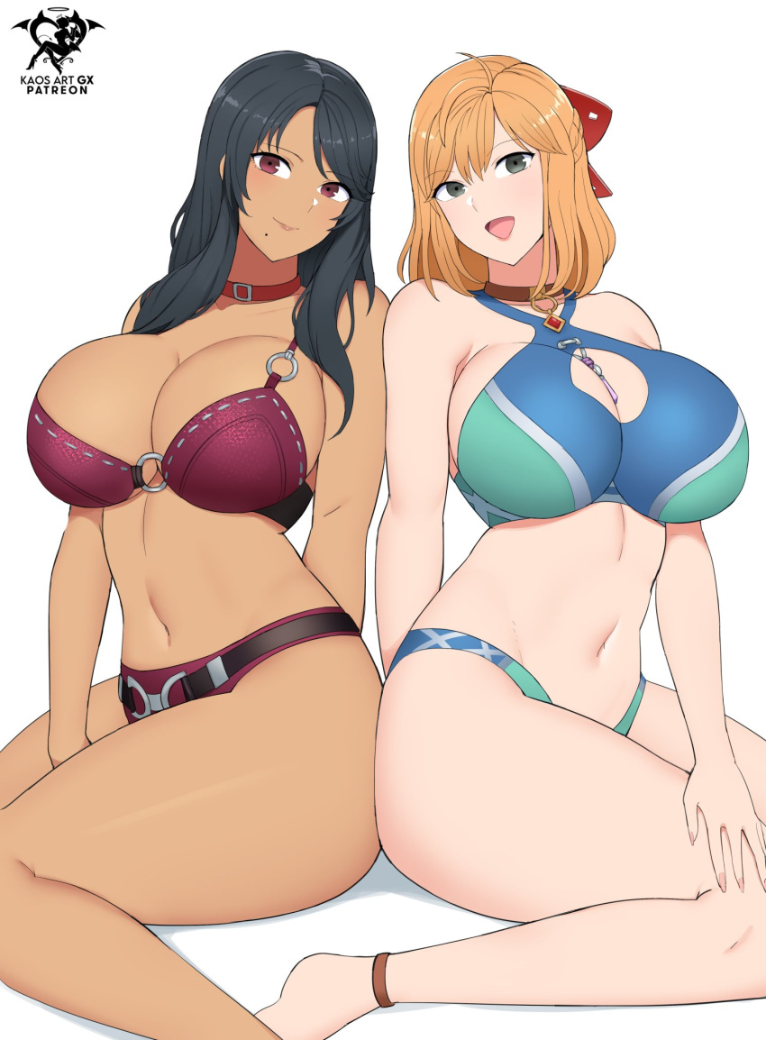 1girl 2_girls absurd_res alluring alternate_costume bare_shoulders big_breasts bikini black_hair blonde_hair blue_bikini blue_swimsuit choker cleavage curvy dark-skinned_female female_only fiora fiora_(xenoblade) green_eyes high_res kaos_art light-skinned_female long_hair looking_at_viewer midriff monolith_soft navel nintendo official_alternate_costume pink_bikini pink_swimsuit red_eyes sharla sharla_(xenoblade) sitting slim_waist swimsuit thick_thighs thighs voluptuous wide_hips xenoblade_(series) xenoblade_chronicles