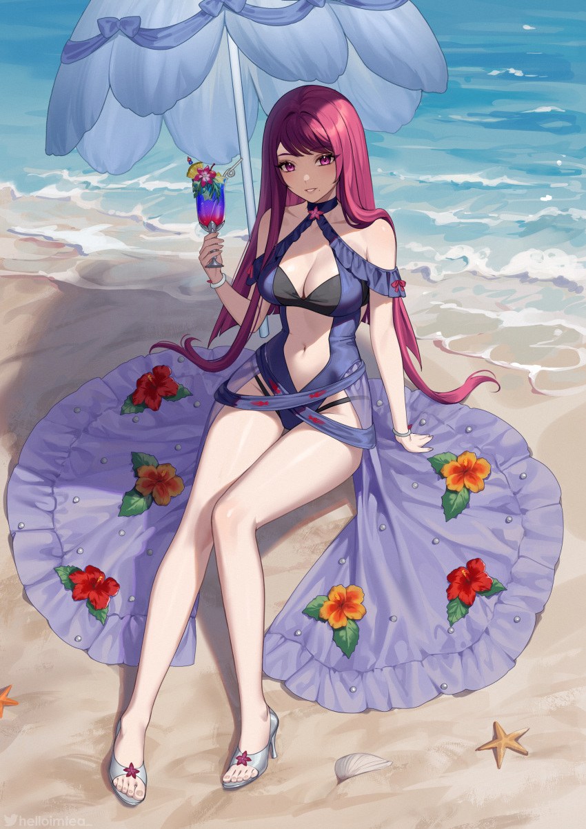 1girl 1girl 1girl absurd_res alluring alternate_costume bare_arms bare_shoulders beach beach_umbrella big_breasts bikini blue_one-piece_swimsuit blue_swimsuit bracelet cleavage commission cup drink drinking_straw female_only fire_emblem fire_emblem_engage fire_emblem_heroes flower helloimtea high_res holding holding_cup ivy_(fire_emblem) ivy_(summer)_(fire_emblem) jewelry long_hair looking_at_viewer mole mole_under_mouth navel nintendo non-web_source ocean official_alternate_costume one-piece_bikini one-piece_swimsuit pink_eyes purple_hair purple_one-piece_swimsuit sitting smile swimsuit thighs umbrella