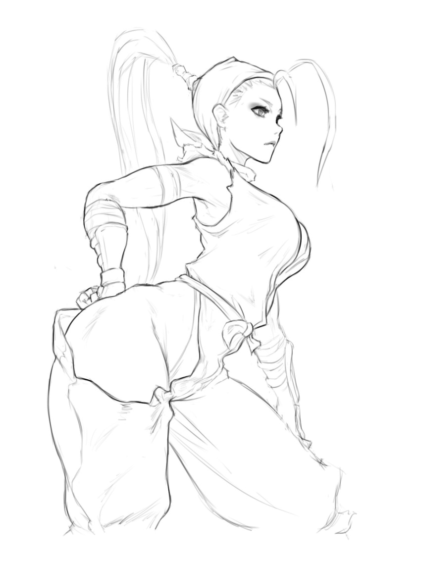 1girl arched_back cutesexyrobutts hand_on_hip ibuki_(street_fighter) long_hair monochrome ponytail sketch standing street_fighter wide_hips