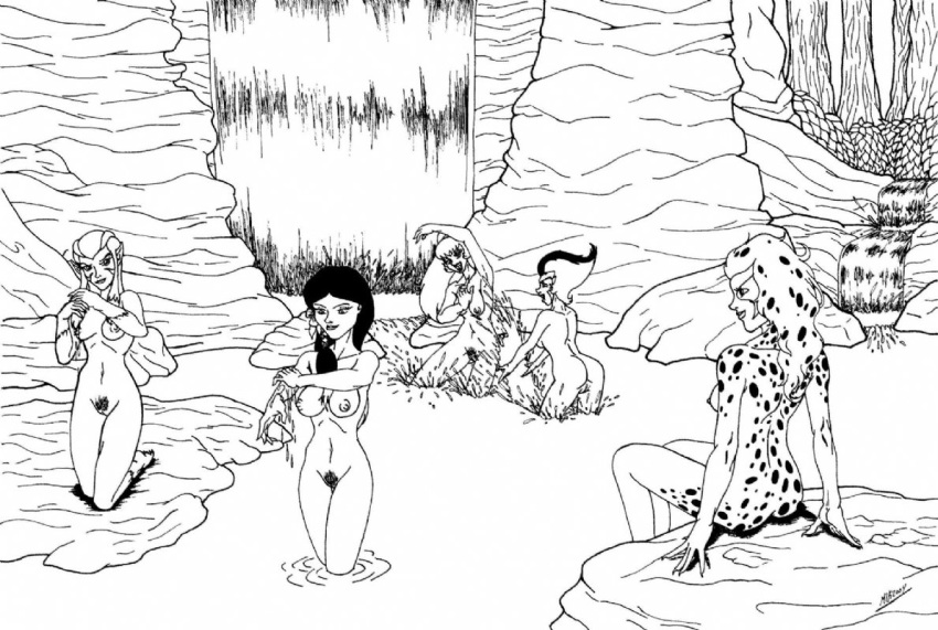 bathing cheetara kyle_twilight nayda nude nude_female outdoor_bathing pubic_hair pumyra splashing spotted_body spotted_fur thundercats waterfall willa wilykit