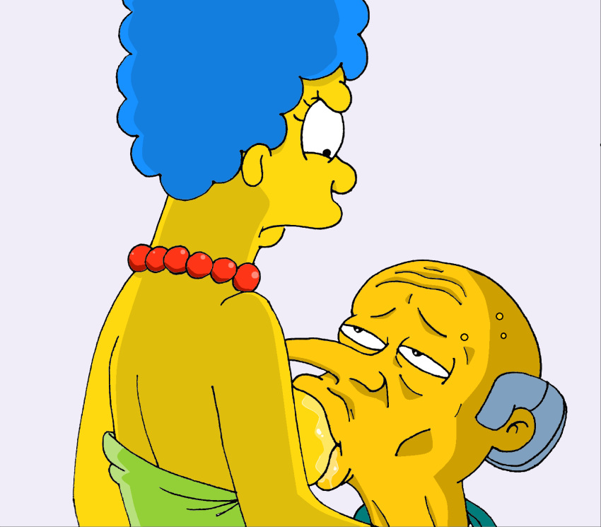 angry blue_hair breast_sucking cheating_wife disgusted dress dress_pull green_dress marge_simpson milf montgomery_burns netorare old_man older_male pleasure_face saliva saliva_on_breasts the_simpsons ugly_bastard ugly_man