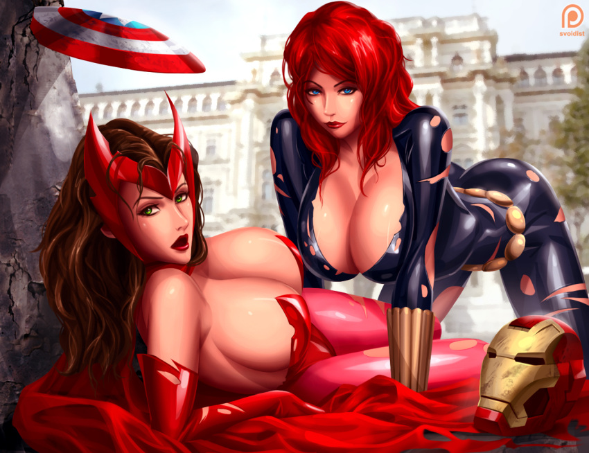 1girl 2_girls all_fours avengers bare_shoulders big_breasts black_widow blue_eyes bodysuit breasts brown_hair cleavage elbow_gloves female_only gloves green_eyes hair headgear helmet lips lipstick long_hair makeup marvel marvel_comics multiple_girls natasha_romanoff pantyhose red_hair red_lips red_lipstick scarlet_witch shield svoidist torn_clothes wanda_maximoff x-men